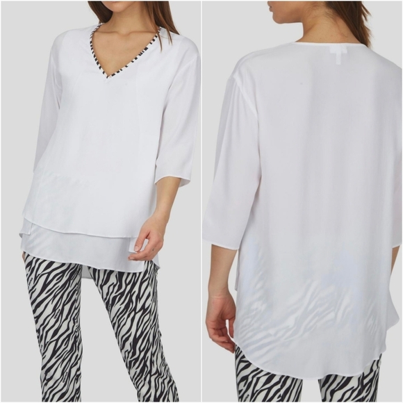 Sportalm Tops - Sportalm White V-neck Multilayer Tunic Blouse NEW